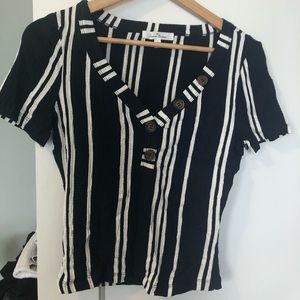 Cropped blue/pink striped button short sleeve tops